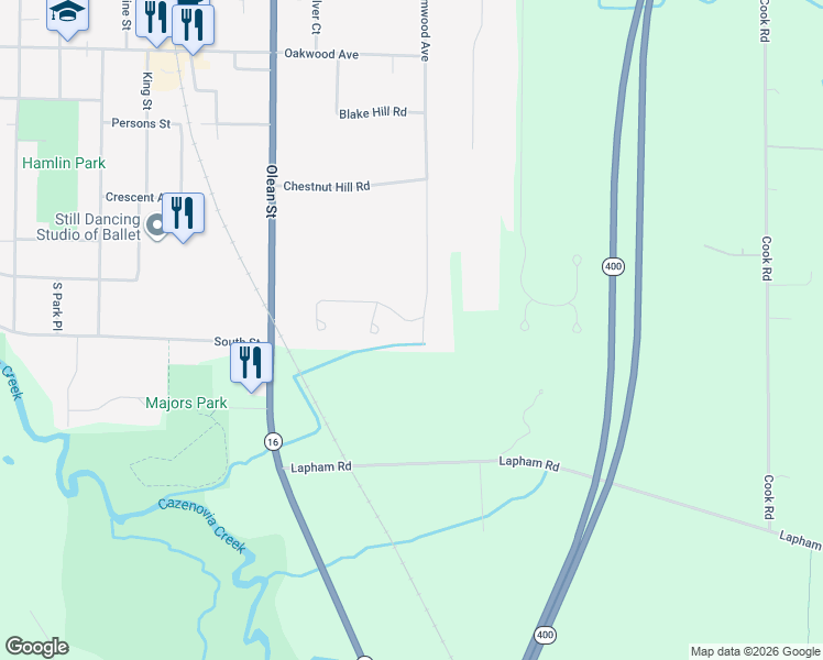map of restaurants, bars, coffee shops, grocery stores, and more near 4 Ravine Court in East Aurora