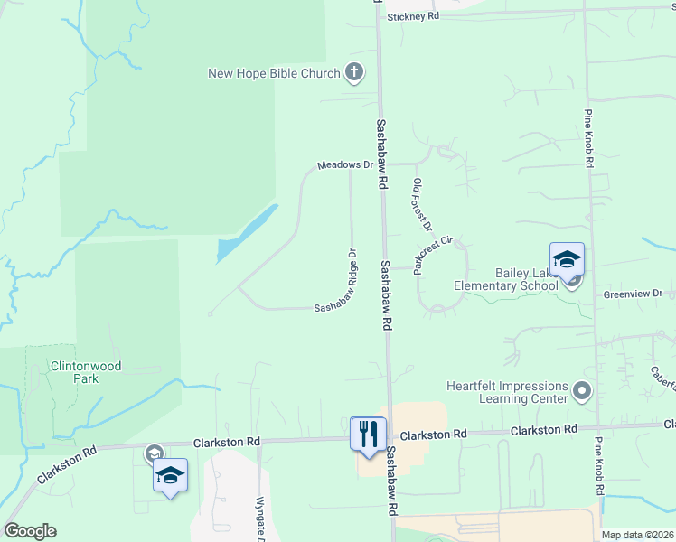 map of restaurants, bars, coffee shops, grocery stores, and more near 8148 Sashabaw Ridge Drive in Clarkston