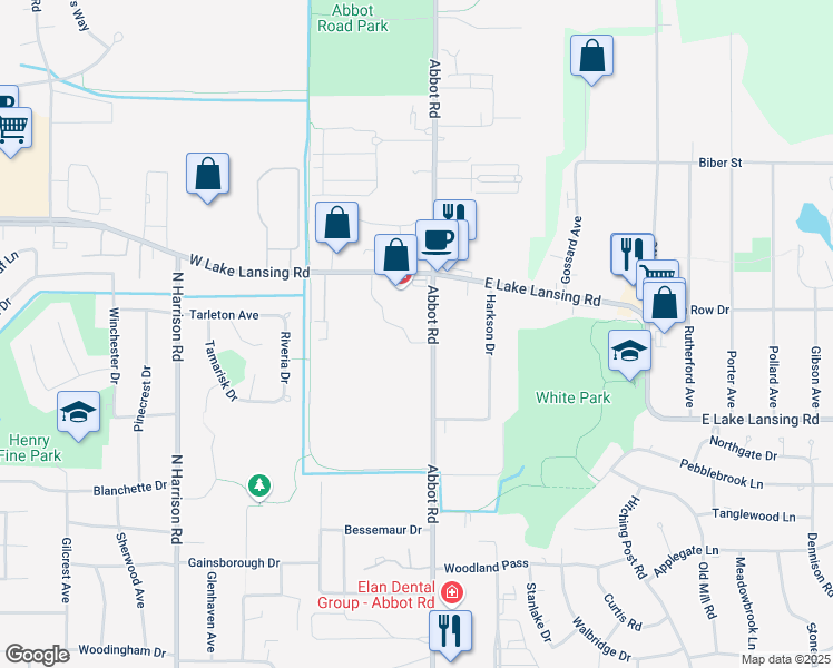 map of restaurants, bars, coffee shops, grocery stores, and more near 2025 Abbot Road in East Lansing