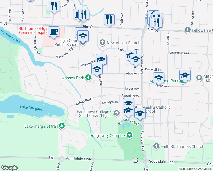 map of restaurants, bars, coffee shops, grocery stores, and more near 5 Leger Avenue in St. Thomas