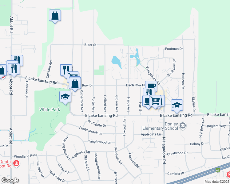 map of restaurants, bars, coffee shops, grocery stores, and more near 6083 Gibson Avenue in East Lansing