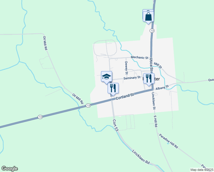 map of restaurants, bars, coffee shops, grocery stores, and more near 711 Railroad Street in DeRuyter