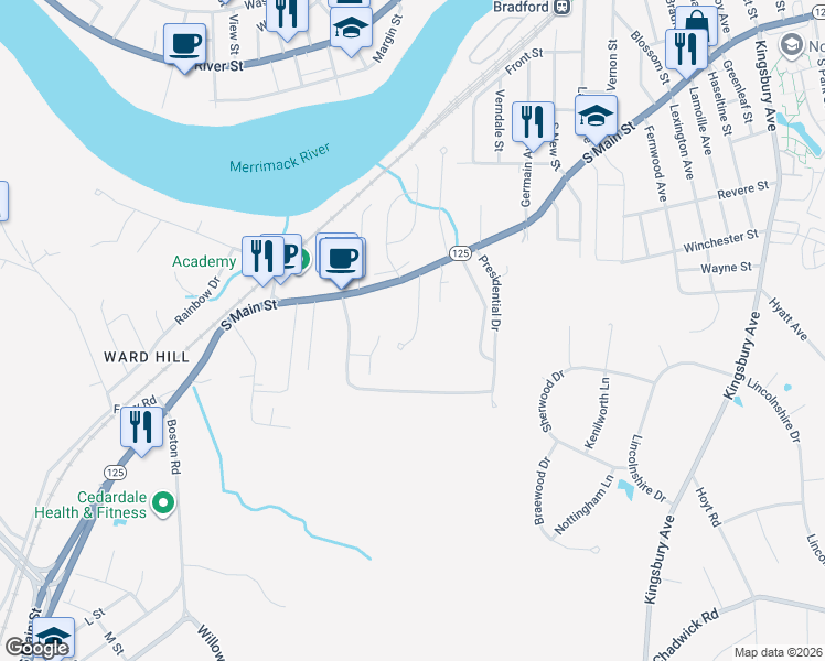 map of restaurants, bars, coffee shops, grocery stores, and more near 5 Pheasant Crossing in Haverhill