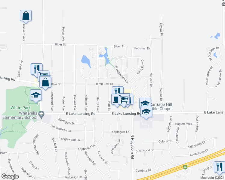 map of restaurants, bars, coffee shops, grocery stores, and more near 6084 Hart Street in East Lansing