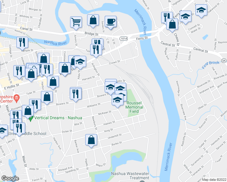 map of restaurants, bars, coffee shops, grocery stores, and more near 118 Bowers Street in Nashua