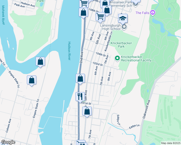 map of restaurants, bars, coffee shops, grocery stores, and more near 141 6th Avenue in Troy