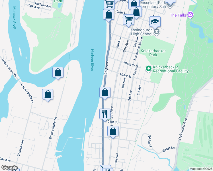 map of restaurants, bars, coffee shops, grocery stores, and more near 134 2nd Avenue in Troy
