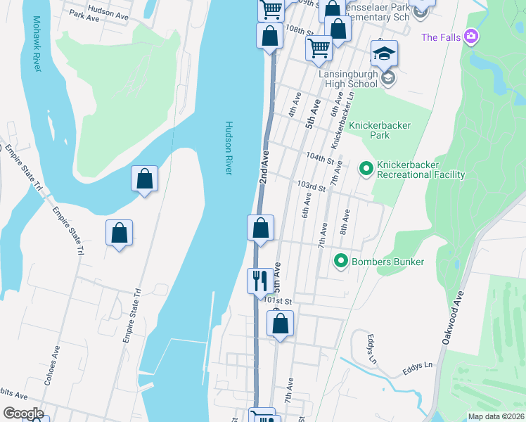 map of restaurants, bars, coffee shops, grocery stores, and more near 134 2nd Avenue in Troy