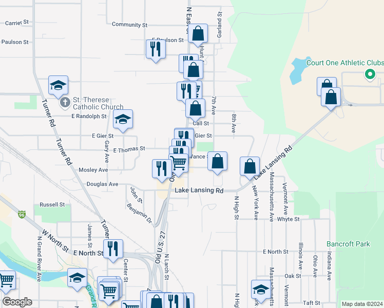 map of restaurants, bars, coffee shops, grocery stores, and more near 2220 North Larch Street in Lansing