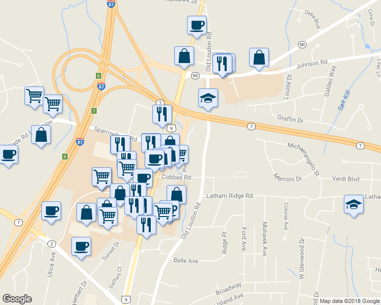 map of restaurants, bars, coffee shops, grocery stores, and more near 11 Weed Road in Latham