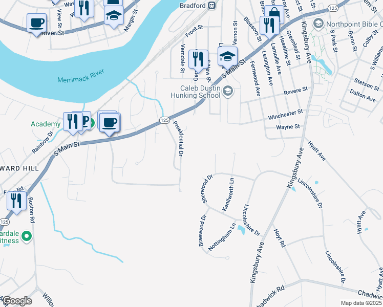 map of restaurants, bars, coffee shops, grocery stores, and more near 140 Evergreen Drive in Haverhill