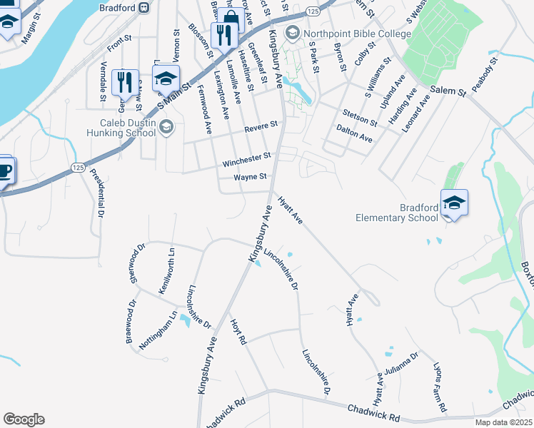 map of restaurants, bars, coffee shops, grocery stores, and more near 148 Kingsbury Avenue in Haverhill
