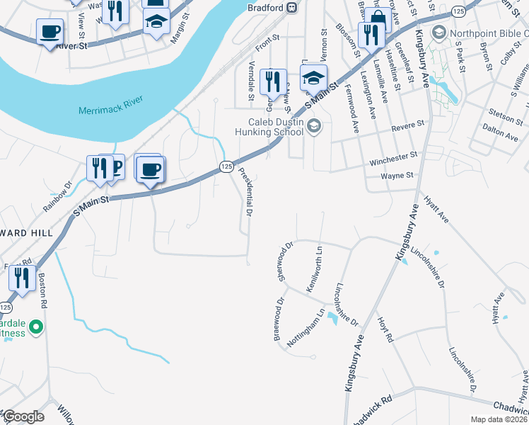 map of restaurants, bars, coffee shops, grocery stores, and more near 140 Evergreen Drive in Haverhill