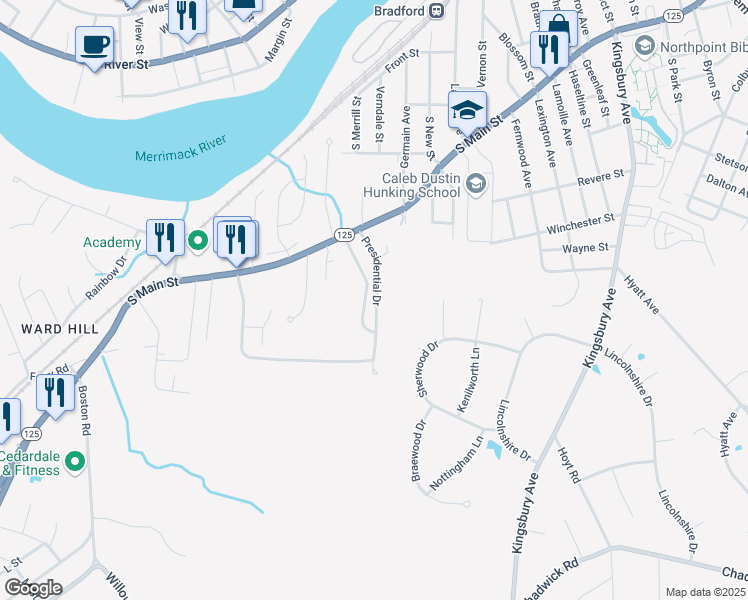 map of restaurants, bars, coffee shops, grocery stores, and more near 140 Evergreen Drive in Haverhill