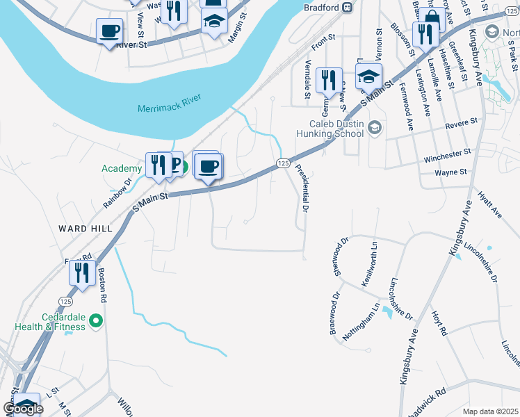 map of restaurants, bars, coffee shops, grocery stores, and more near 5 Pheasant Crossing in Haverhill