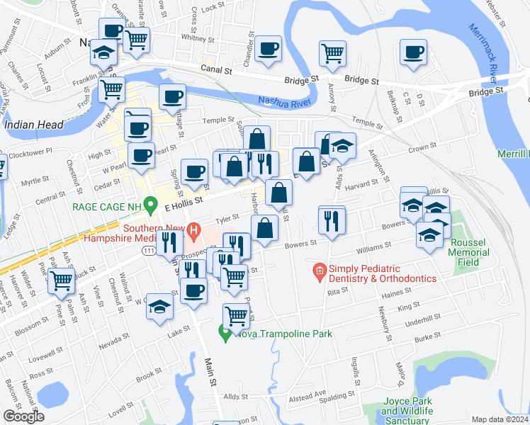 map of restaurants, bars, coffee shops, grocery stores, and more near 5 Kehoe Avenue in Nashua