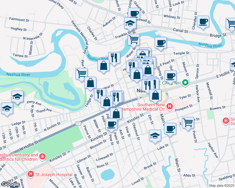map of restaurants, bars, coffee shops, grocery stores, and more near 46 Vine Street in Nashua
