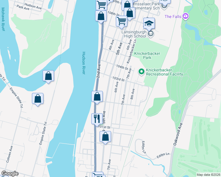 map of restaurants, bars, coffee shops, grocery stores, and more near 141 6th Avenue in Troy