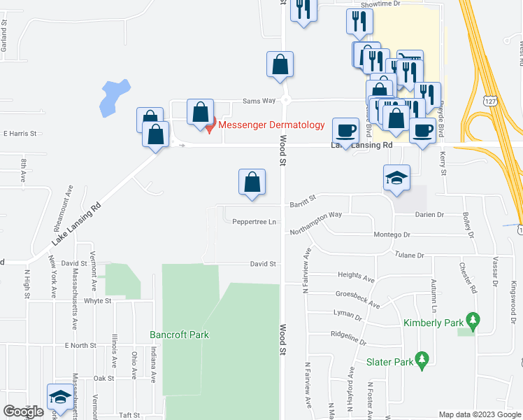 map of restaurants, bars, coffee shops, grocery stores, and more near 1710 Barritt Street in Lansing