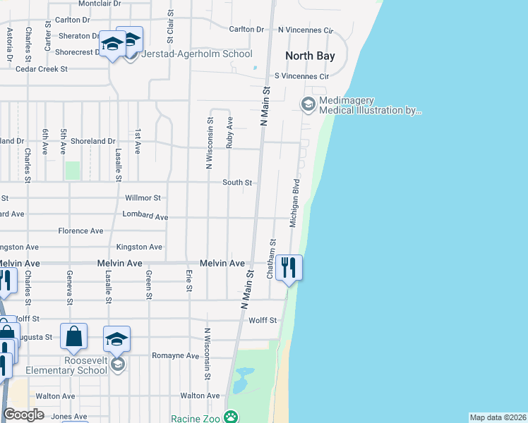 map of restaurants, bars, coffee shops, grocery stores, and more near in Racine