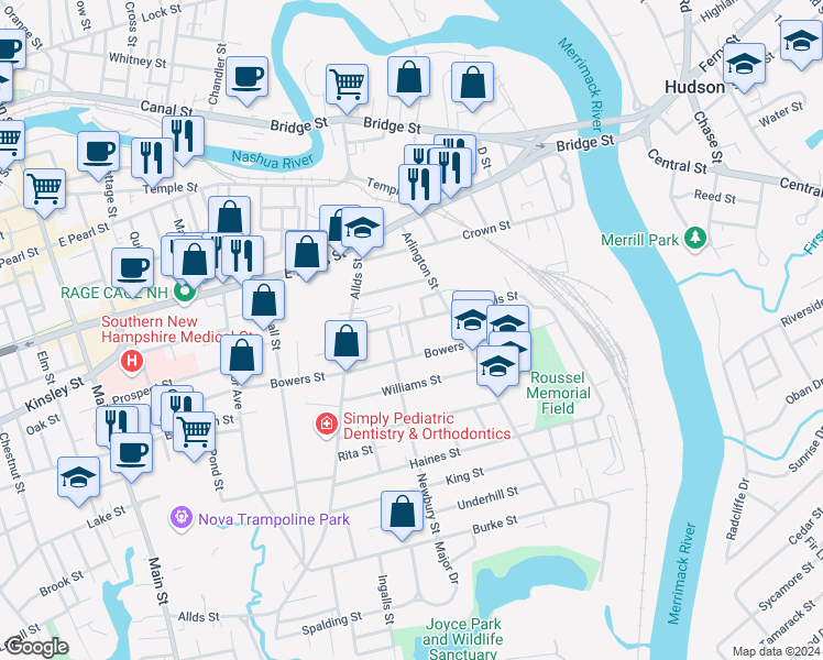 map of restaurants, bars, coffee shops, grocery stores, and more near 6 Gray Avenue in Nashua