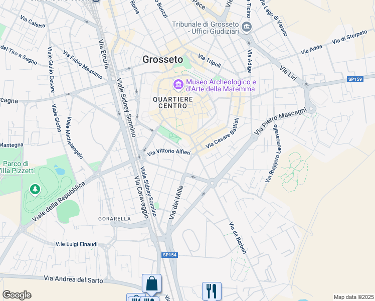 map of restaurants, bars, coffee shops, grocery stores, and more near 2-6 Via Cesare Battisti in Grosseto