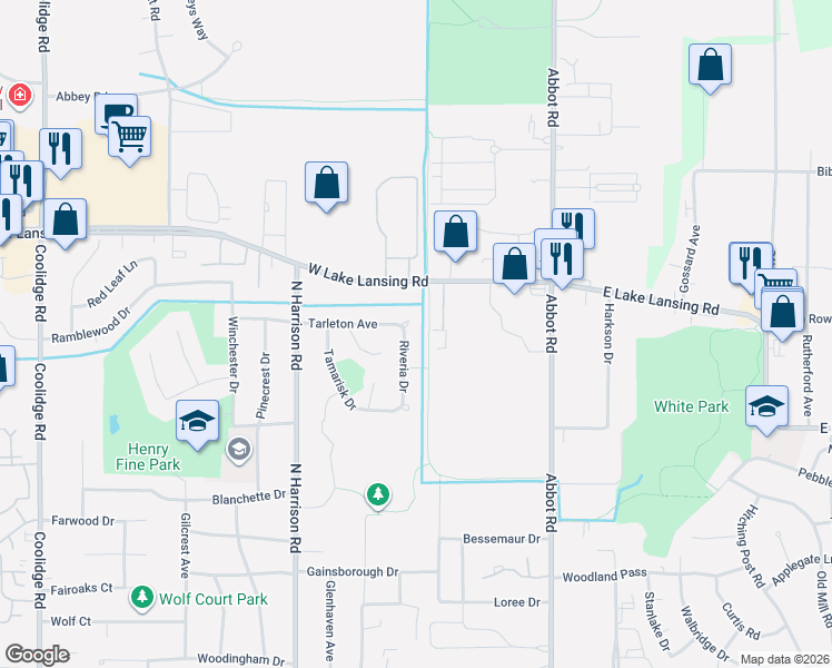 map of restaurants, bars, coffee shops, grocery stores, and more near 1970 Riveria Drive in East Lansing
