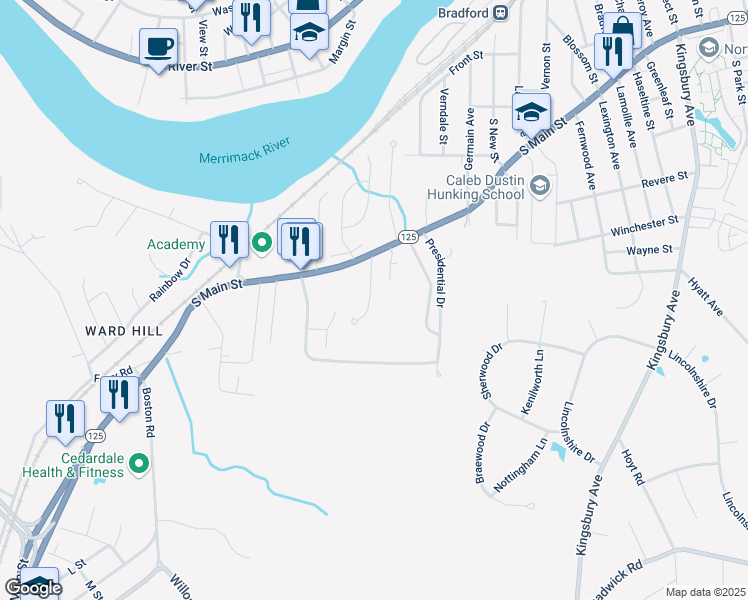 map of restaurants, bars, coffee shops, grocery stores, and more near 5 Pheasant Crossing in Haverhill