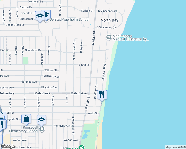 map of restaurants, bars, coffee shops, grocery stores, and more near in Racine