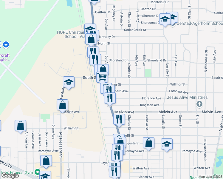 map of restaurants, bars, coffee shops, grocery stores, and more near 1518 Lombard Avenue in Racine