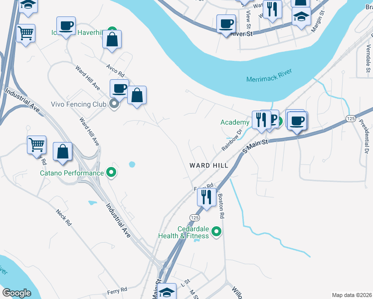 map of restaurants, bars, coffee shops, grocery stores, and more near 14 Sunrise Drive in Haverhill