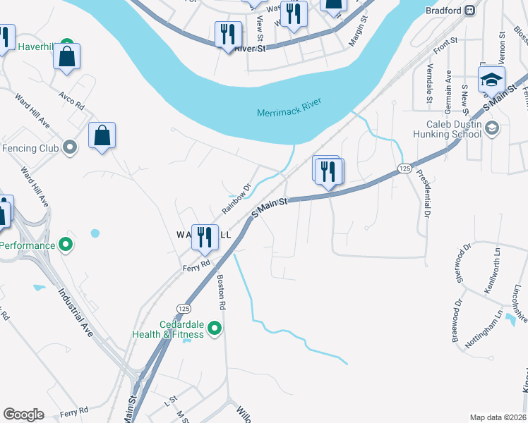 map of restaurants, bars, coffee shops, grocery stores, and more near 800 South Main Street in Haverhill