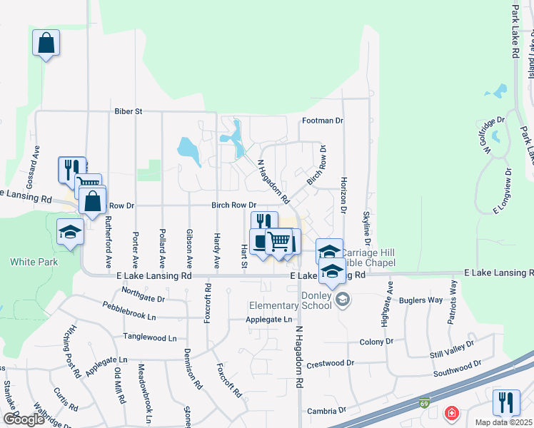 map of restaurants, bars, coffee shops, grocery stores, and more near 6084 Hart Street in East Lansing