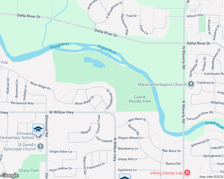 map of restaurants, bars, coffee shops, grocery stores, and more near 4641 GrandWoods Drive in Lansing