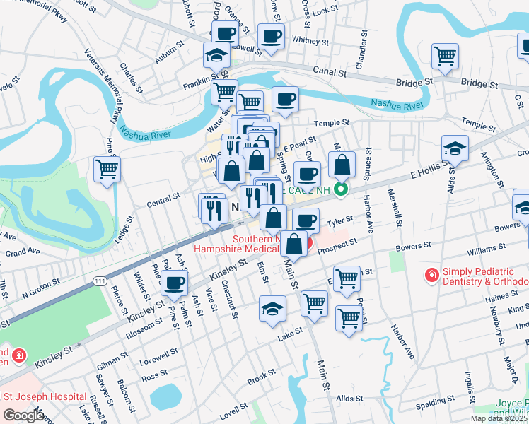 map of restaurants, bars, coffee shops, grocery stores, and more near in Nashua