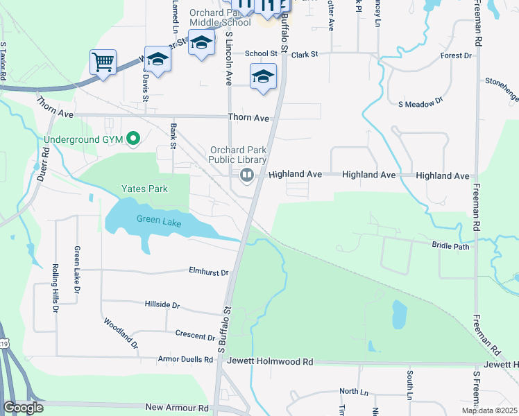 map of restaurants, bars, coffee shops, grocery stores, and more near 4597 South Buffalo Street in Orchard Park