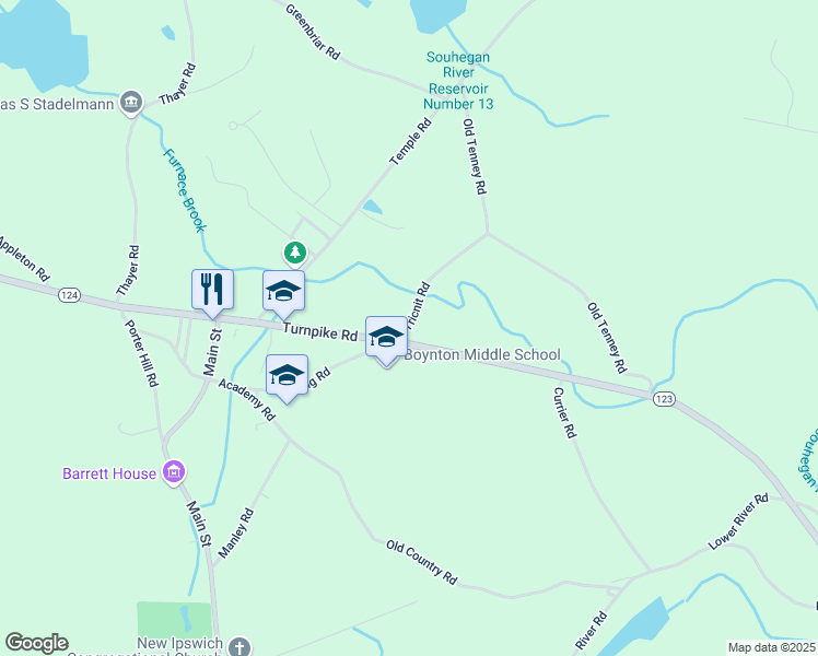 map of restaurants, bars, coffee shops, grocery stores, and more near 10 Tricnit Road in New Ipswich