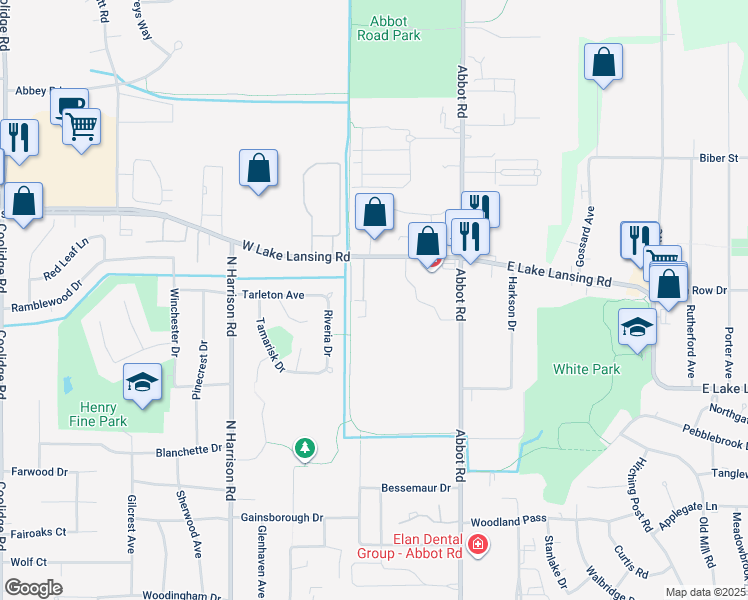 map of restaurants, bars, coffee shops, grocery stores, and more near 345 West Lake Lansing Road in East Lansing