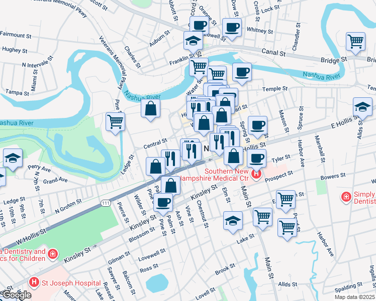 map of restaurants, bars, coffee shops, grocery stores, and more near 77 Walnut Street in Nashua