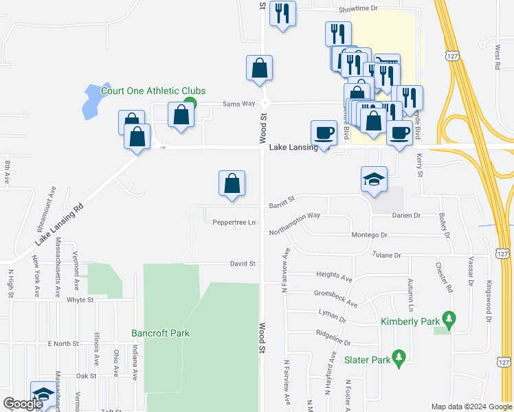 map of restaurants, bars, coffee shops, grocery stores, and more near 1817 Peppertree Lane in Lansing