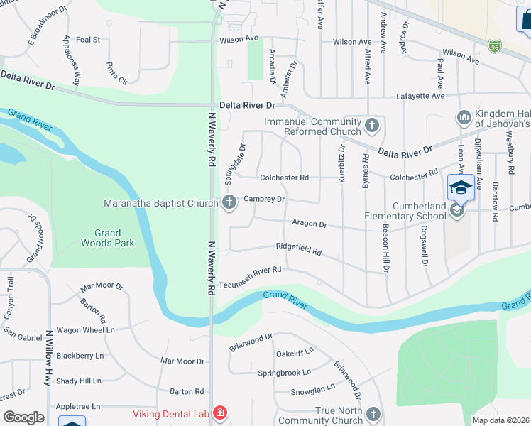 map of restaurants, bars, coffee shops, grocery stores, and more near 3639 Aragon Drive in Lansing