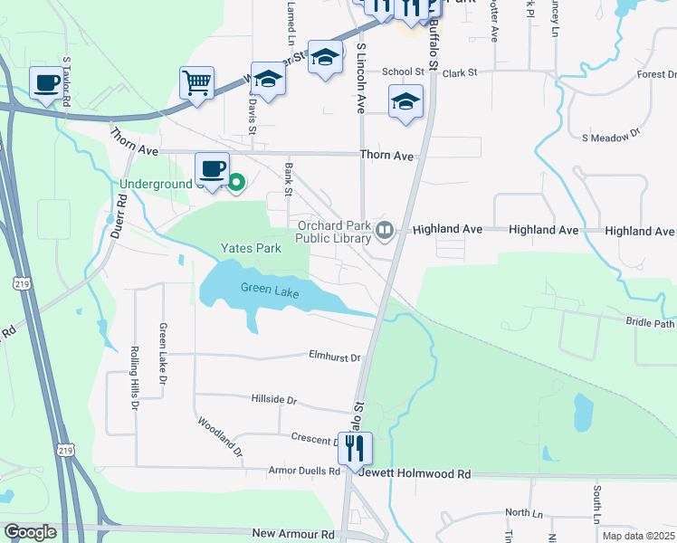 map of restaurants, bars, coffee shops, grocery stores, and more near 100 North Lake Drive in Orchard Park