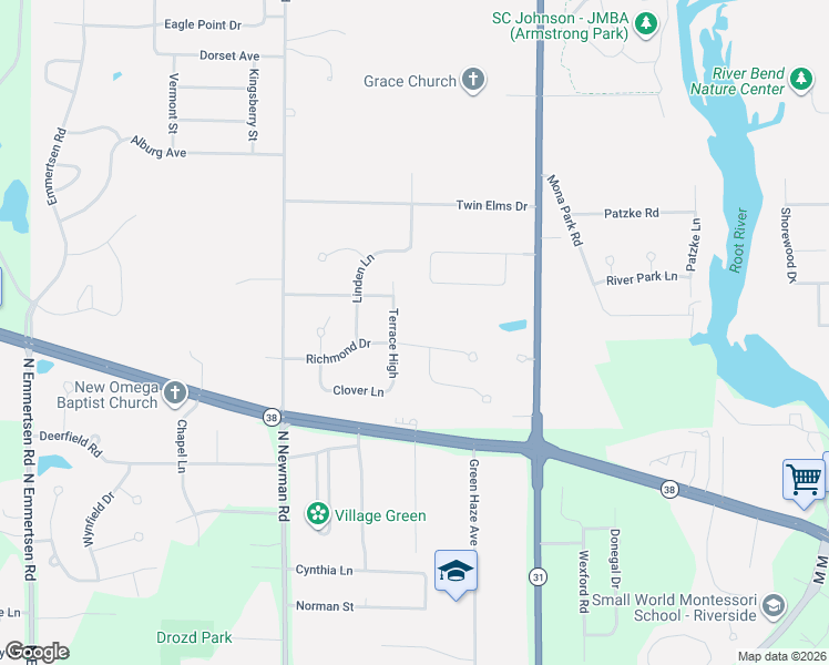map of restaurants, bars, coffee shops, grocery stores, and more near 3129 Terrace High in Racine