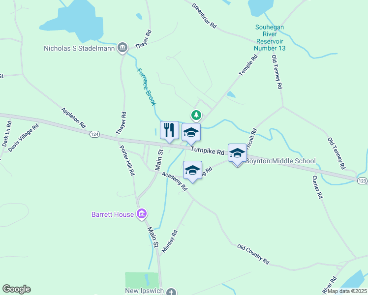 map of restaurants, bars, coffee shops, grocery stores, and more near 571 Turnpike Road in New Ipswich