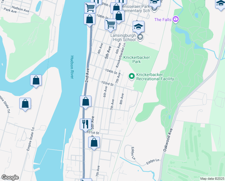 map of restaurants, bars, coffee shops, grocery stores, and more near 169 7th Avenue in Troy