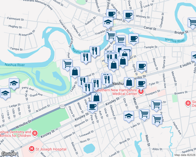 map of restaurants, bars, coffee shops, grocery stores, and more near 46 Vine Street in Nashua