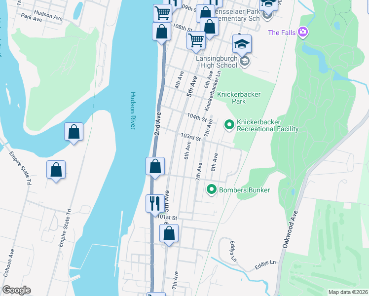 map of restaurants, bars, coffee shops, grocery stores, and more near 141 6th Avenue in Troy