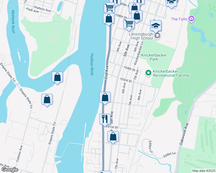 map of restaurants, bars, coffee shops, grocery stores, and more near 134 2nd Avenue in Troy