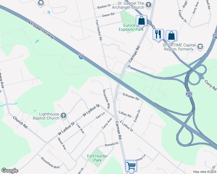 map of restaurants, bars, coffee shops, grocery stores, and more near 2036 Rosedale Way in Schenectady