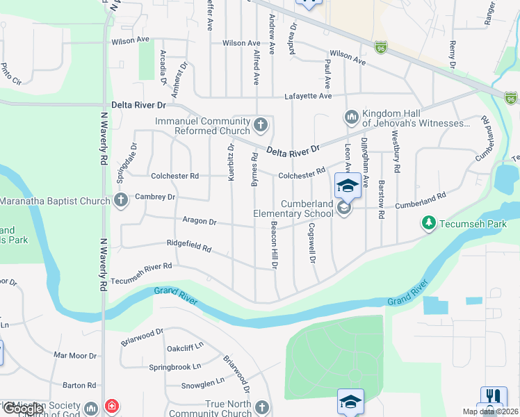 map of restaurants, bars, coffee shops, grocery stores, and more near 2211 Beacon Hill Drive in Lansing